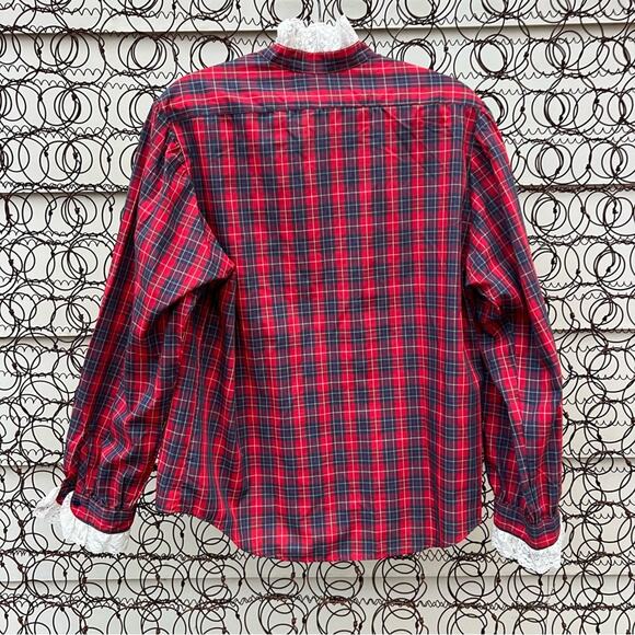 VTG Ms. Sero Red Poplin Christmas Plaid Ruffle Lace L/S Button Up Blouse Size 10 - Picture 2 of 7